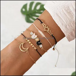 Link, Jewelrylink, Kette 5 Teile/satz Frauen Mode Armbänder Set Mond Katze Perlen Stern Anhänger Gold Farbe Armreif Damen Boho Vintage schmuck1 D