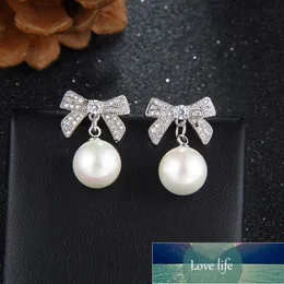 Imitation Pearl Korean Style Earrings for Women Luxury Brand Crystal Bownot Drop Earring Lady Fashion Party Wedding Jewelry