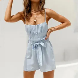 Ruched Sash Ärmlös Rompar Kvinnor Casual Backless Wide Ben Chiffon Playsuits Overarier Sommarstrand Kort Jumpsuit 210415