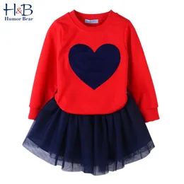 Girl Sweater Suit Autumn Baby Love Stitching Long Sleeve +Mesh Skirts Casual 2PCS Girls Suits Kids Clothing Sets 210611