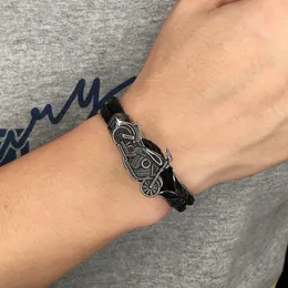 Mode Mäns Smycken Rostfritt Stål Motorcykel Charm Svart Äkta Läderarmband