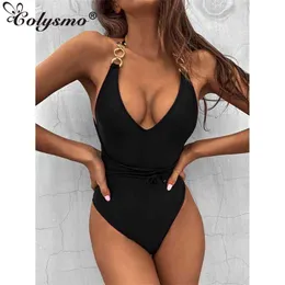 Colysmo Black Baddräkt Spaghetti Straps V Neck Backless Lace Up Bodycon Bodysuit Kvinnor Sexig Sommarstrand Swimwear 210527