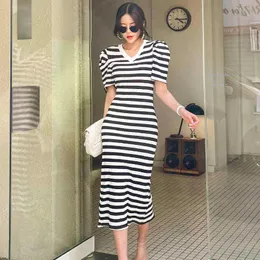 Summer Women Knitting Short Sleeve Elegant Striped Office Wear Long Dresses Work Bodycon Vestidos Female Clothes 210515
