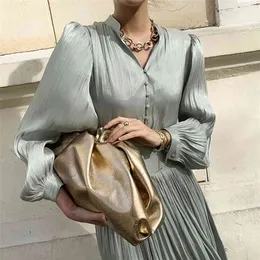 Elegant spring Design satin sleeve a-line Folds dress women V-neck high waist button solid Vintage long es chic Lady 210508
