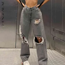Shengpalae oregelbundna hål jeans kvinnors vår hög midja rakt rör streetwear grå denim byxor kvinnlig trendig 5a119 211129