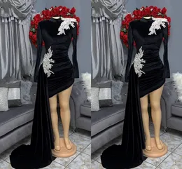 Vintage Black Velvet Evening Cocktail Dresses Party z ogonem Wysokiej szyi Długie Rękawy Aplikacja Prom Specjalna okazja Dress Suknie Damskie