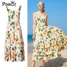 Sommer Mode Runway Tiered Layer Rüschen Strand Boho Kleid Frauen Spaghetti Strap Floral Print Midi Urlaub Elegante Robe 210421