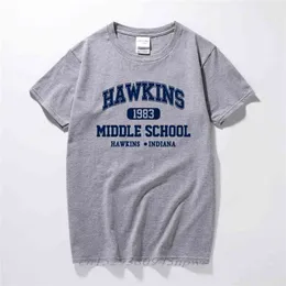 Stranger Coisas Hawkins High School Manga Curta T Camisetas T-shirts 100% Algodão Jersey Jersey 210706