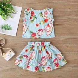 As crianças do verão conjuntos meninas casuais sem mangas O Pescoço Impressão Floral Tops Curto Saia Roupas Bonitos 9m-4T 210629