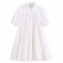 women simply solid color casual white shirtdress office lady puff sleeve pleats vestidos chic leisure big swing dresses DS3438 210623