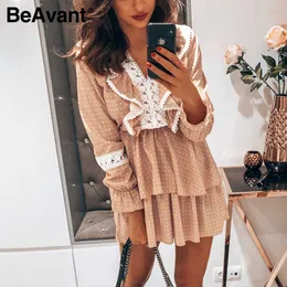 BeAvant Elegant vintage women work dress Fashion long sleeve solid dot lace mini dress Casual slim ladies holiday beach dress 210709