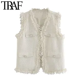 TRAF Donna Moda Sfilacciata Nappa Tweed Gilet Vintage Scollo a V Senza maniche Gilet femminile Capispalla Chic Top 210415