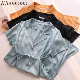 Kimutomo Dress Summer Women's Korean Fashion Female Notched Collar Single Breasted Slim Lace Up Split Vestido De Mujer 210521