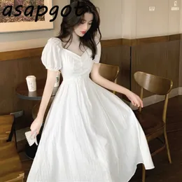 ASAPGOTドレス女性の気質優しいホワイトローブ夏のスタイルフランスのウエストパフスリーブドレスvestido Femininoグリーンシック210610
