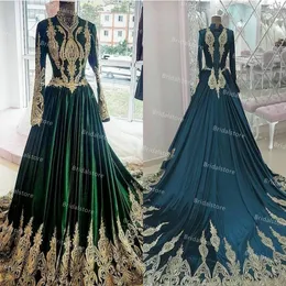 Uzun Kollu Arapça Kaftan Fas Abiye 2021 Yüksek Boyun Altın Aplikler Yeşil Müslüman Balo Elbise Bir Çizgi Kat Uzunluk Ipek Saten Resmi Resepsiyon Parti Abiye