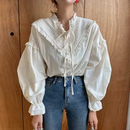 Fashion Hollow Out Vintage Elegant Bow V-neck Tops Women Shirt Solid Long Sleeve Korean Style Loose Blouses Blusas 210529