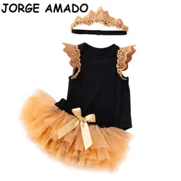 Baby Girl Halloween Conjuntos Preto Bodysuit Sem Mangas + Saias da Camada + Headbands 3 Peça Terno Born Roupas YK014 210610