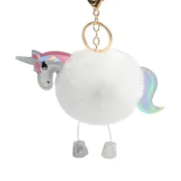 Fluffy Unicorn Pony Key Ring 15CM Lovely Pendant Girls Cute Pompom Artificial Rabbit Fur Bag Car Keychain