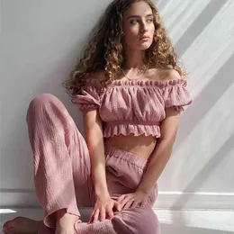 Frauen Pyjamas Einfarbig Hosenanzüge Sexy Slash Neck Herbst Anzug Für Frauen Nachtwäsche Baumwolle Loungewear Rüschen Womens Pijama 210831