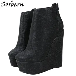 Sorbern Black Wedges Ankel Boot Kvinnor Glitter Sequins Platform Shoe Bekväma Booties