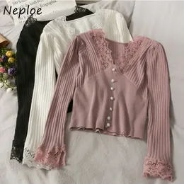 Neploe V Neck Single Breast Design Long Sleeve Knit Sweater Cardigans Women Lace Patch Hook Flower Slim Pull Femme Coat Spring 210510