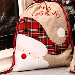 Newlinen Santa Sackクリスマスギフトバッグ赤い格子縞の巾着トートバッグ祭りの装飾LLE10751