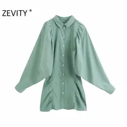Zevity Kobiety Moda Solid Color Plised Mini Shirt Sukienka Office Lady Batwing Rękaw Drapowane Vestido Chic Slim Sukienki DS4358 210603
