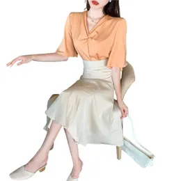 Kvinnor Sommar Satin Two-Piece Set V-Neck Flared Ärm Loose Shirt Slim Stor Hem Mid-Calf Skirt Elegant T3033 210514