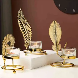 European style modern home decoration accessories Yellow gold leaf shaped candle holder Restaurant el living room bedroom 210722