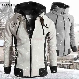 Zipper Men Jackor Höst Vinter Casual Fleece Coats Bomber Jacket Scarf Collar Fashion Hooded Male Outwear Slim Fit Hoody 210818