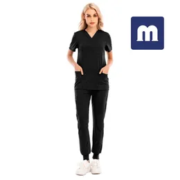 Medigo-036 Kvinnors Tvåbitbyxor Solid Färg Spa Gängad klinik Arbetskort Toppar + Byxor Unisex Scrubs Pet Nursing Hospital Uniform Suit