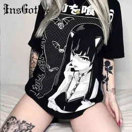 Insgoth Harajuku Loose Long camisetas Mulheres Gótico Streetwear Oversize Preto camisetas Grunge Impresso Moda Feminino Vintage Tops Y0508