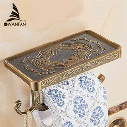 Bathroom Shelves Antique Carving Toilet Roll Paper Rack with Phone Shelf Wall Mounted Holder Hook Useful WF1018 210720