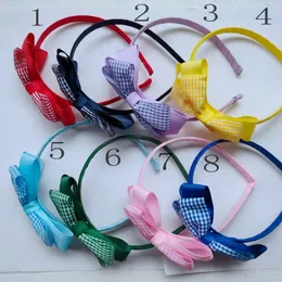 Gingham Plaid Ribbon 4" Hair Bows Bowknot Girl Baby Fully Lined Covered Wrapped Plastic Hairbands Hoop Sticks Hard Headbands Headwear 50pcs FJ3149