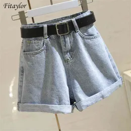 Fitaylor Streetwear Yüksek Bel Kadınlar Mavi Denim Şort Kemer Yaz Rahat Kadın Geniş Bacak Artı Boyutu 2XL Kot 210719