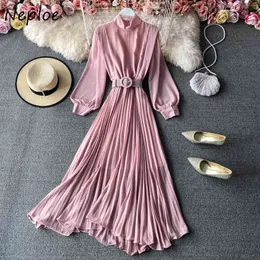 Neploe Stand Collar Pullover Long Sleeve Dress Women High Waist Hip Sashes Pleat Long Vestidos Spring Candy Color Robe 210510