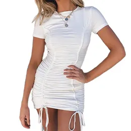White O-neck Short Sleeve Summer Slim Drawstring Adjustable Ruched Mini Dresses Elegant Asymmetry Bodycon Dress Vestidos Cortos 210604