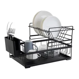 DISH Torka Rack med avloppsavloppsdränering Kök Ljustjänst Bänkskivare Utensil Arrangör Förvaring för Home Black White 2-Tier 211112