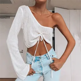 Sexy Drawstring Off Shoulder Women's Knitting Sweater Single Sleeve White Pullover Tops Summer 210430
