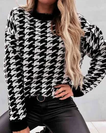 Winter Women Elegant Houndstooth Long Sleeve Knit Sweater Femme Round Neck Short Casual Top Chandail Office Ladies Clothing 210415