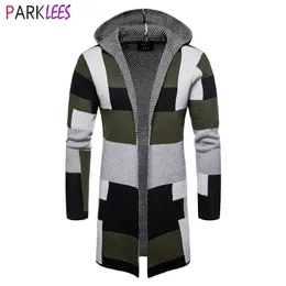 Geometrisk stickad lång cardigan tröja män höst casual hooded stickade tröjor öppna front mens stickade drag homme 210522