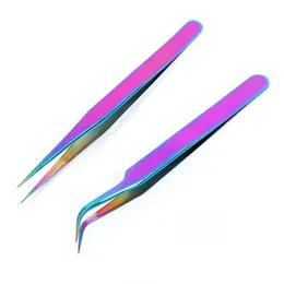 Eyelash Curler 1Pc Stainless Steel Straight Curved Eye Lashes Tweezers Rainbow Colored False Fake Extension Nippers Pointed Clip Tool