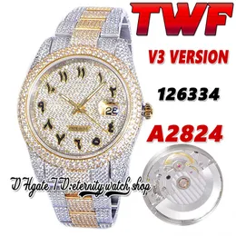 2022 TWF V3 126331 126234 A2824 Automatic Mens Watch 116333 Paved Diamonds Gold Arabic Dial 904L Stainless Case Fully Iced Out Diamond Bracelet Eternity Watches