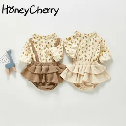 Spring floral shirt female baby overalls infant leotard suit strap kids boutique clothing wholesale fashion clothes 210515