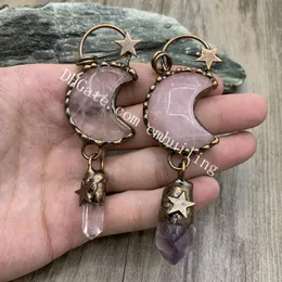 Rose Quartz Crescent Moon Antique Copper Electrofromed Star Pendants with Irregular Natural White Clear Crystal Rock Amethyst Points Vintage Amulet Wicca Charm