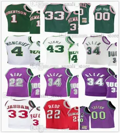 Custom Retro Basketball Jack Sikma 43 Koszulki Ray Allen 34 Michael Redd 22 Oscar Robertson 1 Sidney Moncrief 4 Zielony Biały Fioletowy