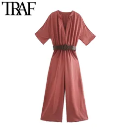 TRAF Mulheres Chique Moda Com Cinto Plissado Jumpsuits Vintage V Neck Manga Curta Elástica Cintura Elástica Playsuits Mujer 210415