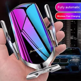 Caricabatterie wireless per auto da 10 W con bloccaggio automatico R1 di lusso per iPhone 12 Pro Max Xs Caricabatterie Qi a induzione a infrarossi LG Huawei Supporto per telefono per auto