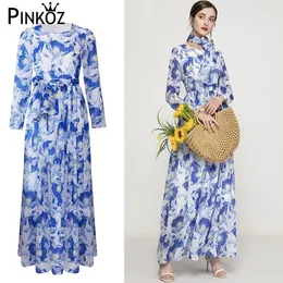 Runway Designer Maxi Vestido Azul Flor Impresso Sashes Chiffon O-pescoço de Manga Longa Parte Casual Vestidos para Mulheres 2XL 210421