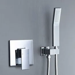 Kvadratisk solid mässing Hand hålls duschhuvud med väggkontakt och slanguppsättning badrum dold krompolerad duschkran x0705